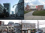 View of Bridgeport Center-People's Bank Building from Middle St.-Webster Bank Arena-Downtown view from stairs-Subway